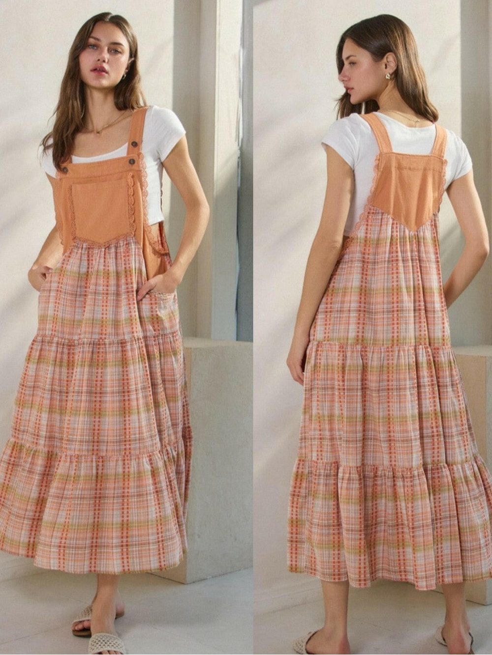 BNWT Oddie Boutique Plaid Overall Maxi Dress